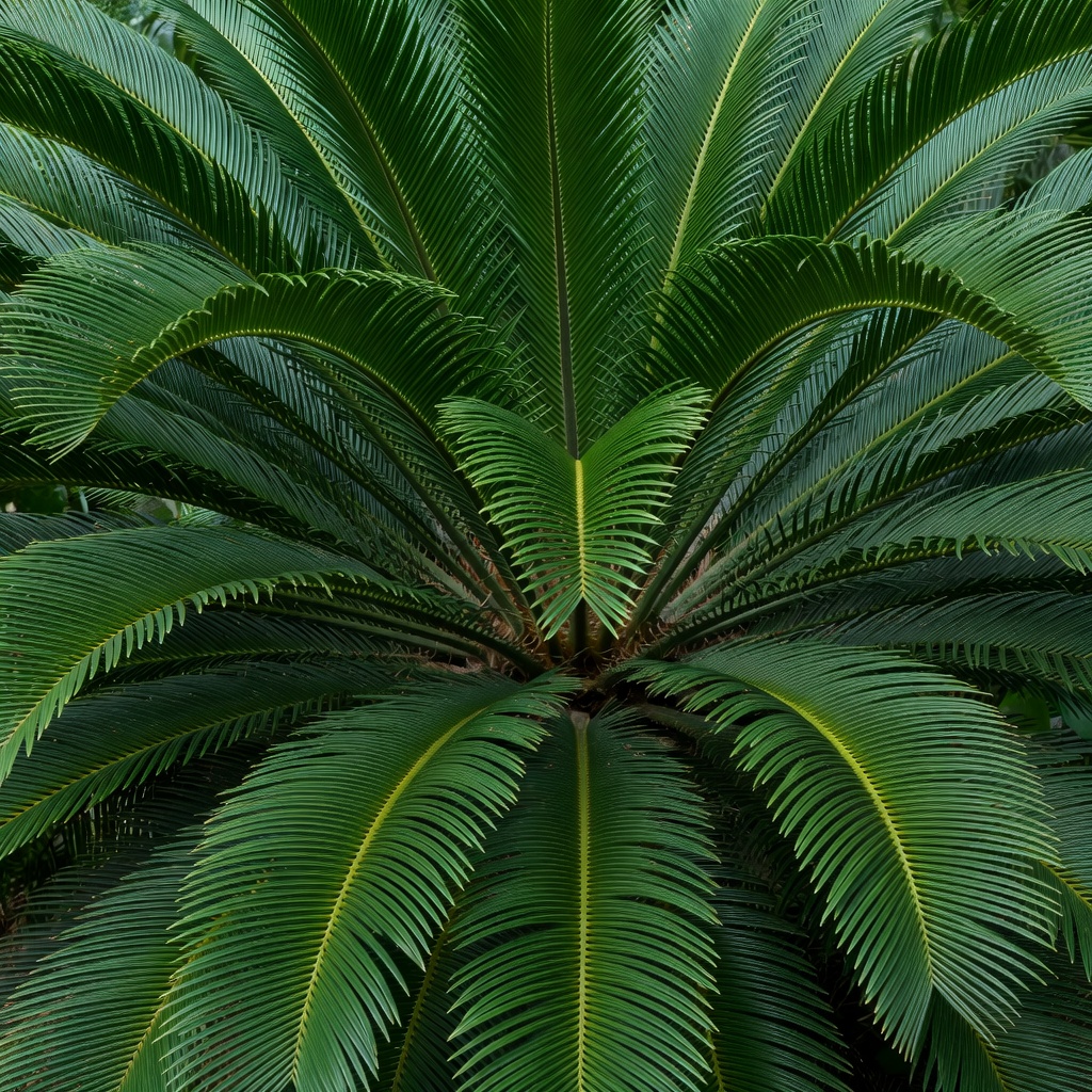 Arching robust green fronds of Encephalartos Woodii