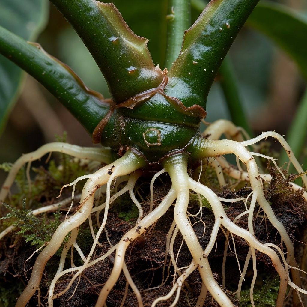 Stem node and root structural detail of rare Aroid